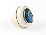 Modern Large Tear Drop Shape Layered Design Center Aquamarine CZ Gold Tone Brass Ring