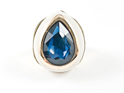 Modern Large Tear Drop Shape Layered Design Center Aquamarine CZ Gold Tone Brass Ring