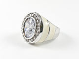 Modern Round Shape Center CZ With White Enamel Band Brass Ring
