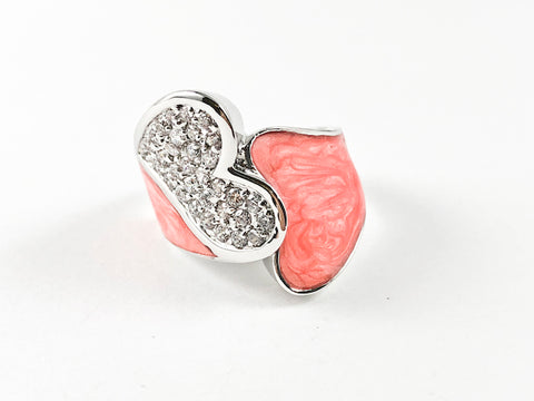 Unique Cute Double Heart Duo Design Pink Swirl Enamel Design & CZ Brass Ring