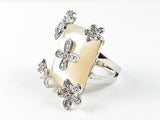 Unique Large Rectangle Shape Mother Of Pearl Center Stone With Butterfly & Floral CZ Design Brass Ring