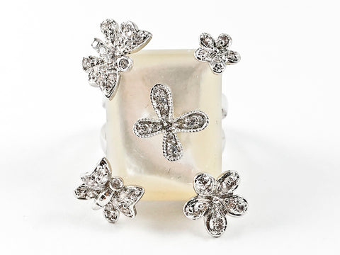 Unique Large Rectangle Shape Mother Of Pearl Center Stone With Butterfly & Floral CZ Design Brass Ring