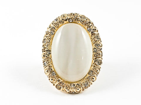 Antique Style Large Oval Shape Center Moon Stone Yellow Gold Tone Steel Ring