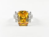 Classic Trillion Style Center Rectangle Shape Yellow CZ Brass Ring