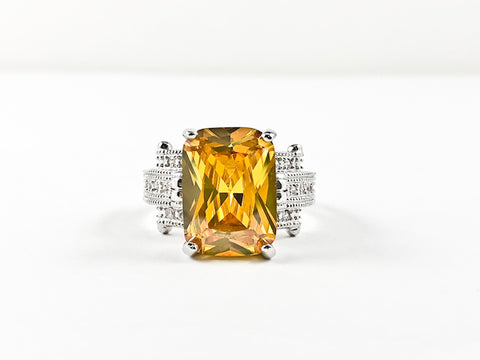Classic Trillion Style Center Rectangle Shape Yellow CZ Brass Ring