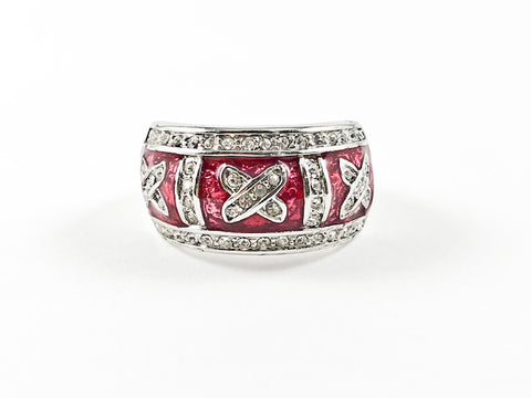 Modern Red Enamel Swirl With X CZ Marks Pattern Design Brass Ring