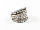 Modern Wire Texture With Multi Row Center CZ Design Two Tone Brass Ring