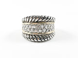 Modern Wire Texture With Multi Row Center CZ Design Two Tone Brass Ring