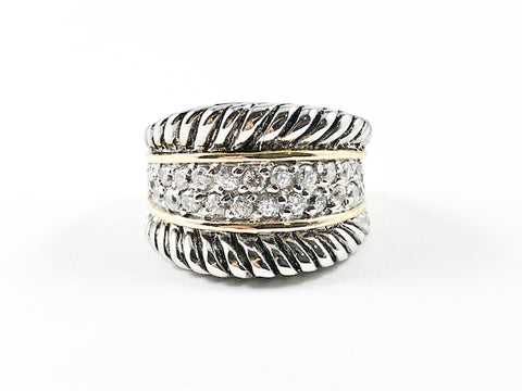 Modern Wire Texture With Multi Row Center CZ Design Two Tone Brass Ring