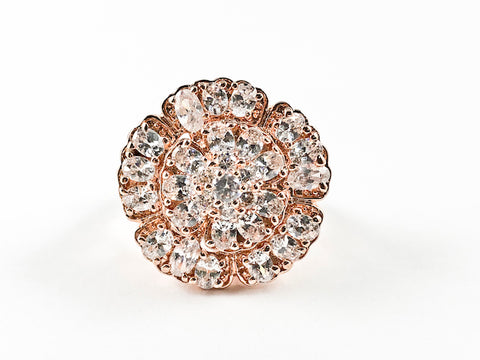 Beautiful Round Flower Design Style CZ Pink Gold Tone Brass Ring
