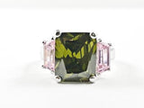 Classic Elegant 3 Stones Engagement Style Design Olive & Pink Color CZ Gold Tone Brass Ring