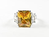 Classic Elegant 3 Stones Engagement Style Design Citrine Color CZ Brass Ring