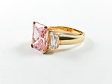 Classic Elegant 3 Stones Engagement Style Design Pink Color CZ Gold Tone Brass Ring