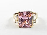 Classic Elegant 3 Stones Engagement Style Design Pink Color CZ Gold Tone Brass Ring