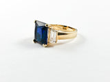 Classic Elegant 3 Stones Engagement Style Design Sapphire Color CZ Gold Tone Brass Ring