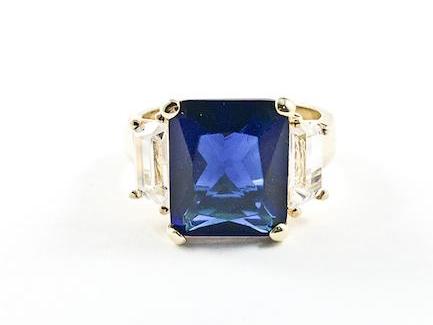 Classic Elegant 3 Stones Engagement Style Design Sapphire Color CZ Gold Tone Brass Ring