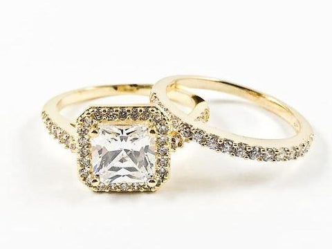 Classic 2 Piece Set Square Shape Halo Ring & CZ Band Gold Tone Brass Ring