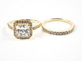 Classic 2 Piece Set Square Shape Halo Ring & CZ Band Gold Tone Brass Ring