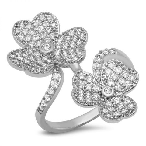 Elegant Duo Flower Petal Wrap Design CZ Brass Ring