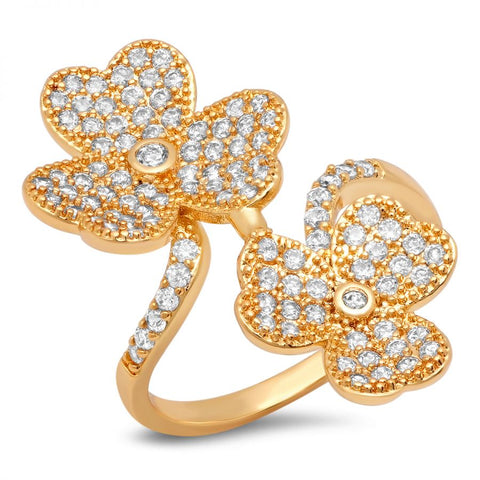 Elegant Duo Flower Petal Wrap Design Gold Tone CZ Brass Ring