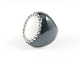Casual Unique White Oval Stone with Black Enamel Brass Ring