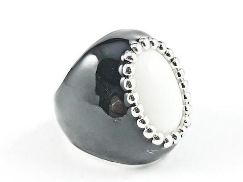 Casual Unique White Oval Stone with Black Enamel Brass Ring