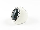 Casual Unique Black Oval Stone with White Enamel Brass Ring