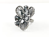 Unique Large Floral Burst Design Black CZs Black Rhodium Tone Brass Ring