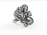 Unique Large Floral Burst Design Black CZs Black Rhodium Tone Brass Ring