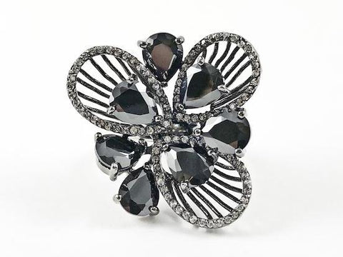 Unique Large Floral Burst Design Black CZs Black Rhodium Tone Brass Ring