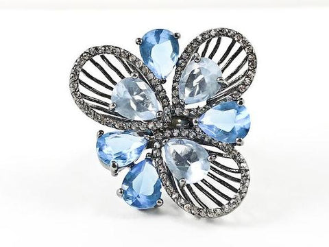 Unique Large Floral Burst Design Sapphire CZs Black Rhodium Tone Brass Ring