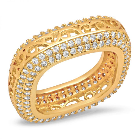 Elegant Filigree Design Square Shape Form CZ Gold Tone Brass Ring