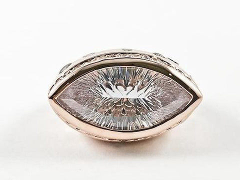 Contemporary Eye Shape Design Center CZ Pink Gold Tone Brass Ring