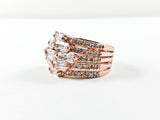 Elegant Multi Row & Level CZ Design Rose Gold Brass Ring
