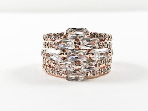 Elegant Multi Row & Level CZ Design Rose Gold Brass Ring
