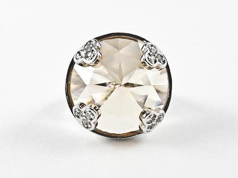 Nice Large Round Center Topaz Color CZ With Tiny Bezel CZs Edge Brass Ring