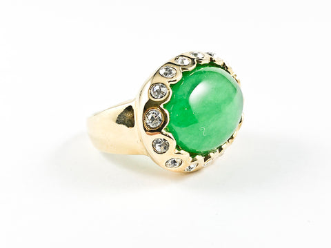 Modern Unique Synthetic Jade Oval Stone Yellow Gold Plated Brass Ring