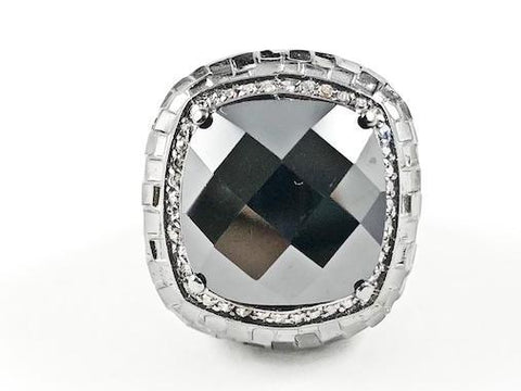 Unique Large Square Shape Textured Scales Design Center Black CZ Black Rhodium Tone Brass Ring