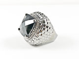 Unique Large Square Shape Textured Scales Design Center Black CZ Gray Shade Brass Ring