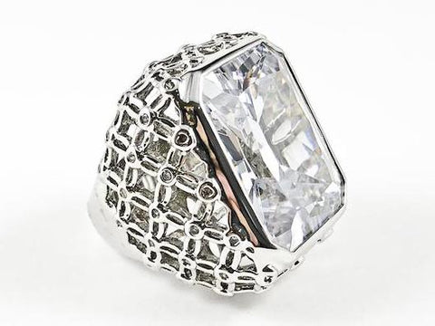 Modern Large Rectangle Cage Frame Center CZ Brass Ring