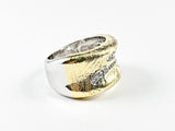 Unique Textured Metallic Pattern Gold Tone CZ Brass Ring