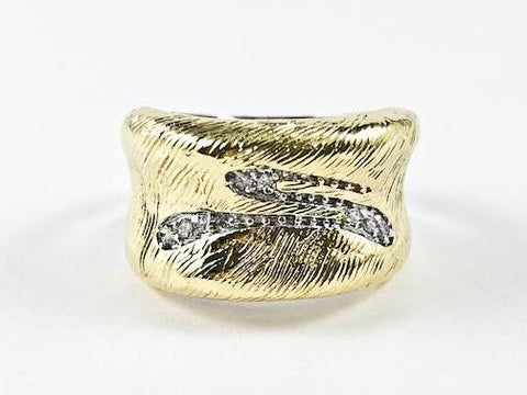Unique Textured Metallic Pattern Gold Tone CZ Brass Ring