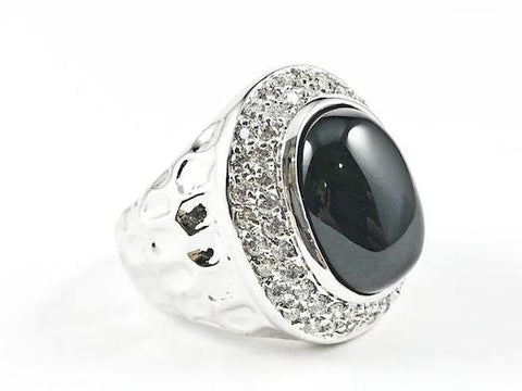 Modern  Oval Center Black Stone Micro CZ Frame With Hammered Band Brass Ring