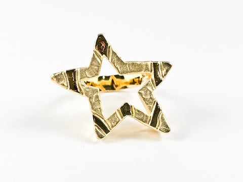 Unique Open Star Hammered Texture Design Style Gold Tone Brass Ring