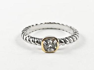 Nice Dainty Wire Textured Thin Band Center Square CZ Brass Ring