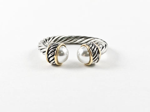 Modern Cable Wire Design Duo Pearl Ends Stones Brass Ring