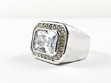Classic Large Horizontal Rectangle Shape Halo Design Center CZ Brass Ring