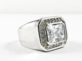Classic Large Horizontal Rectangle Shape Halo Design Center CZ Brass Ring