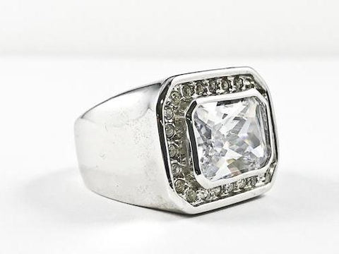 Classic Large Horizontal Rectangle Shape Halo Design Center CZ Brass Ring