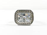 Classic Large Horizontal Rectangle Shape Halo Design Center CZ Brass Ring